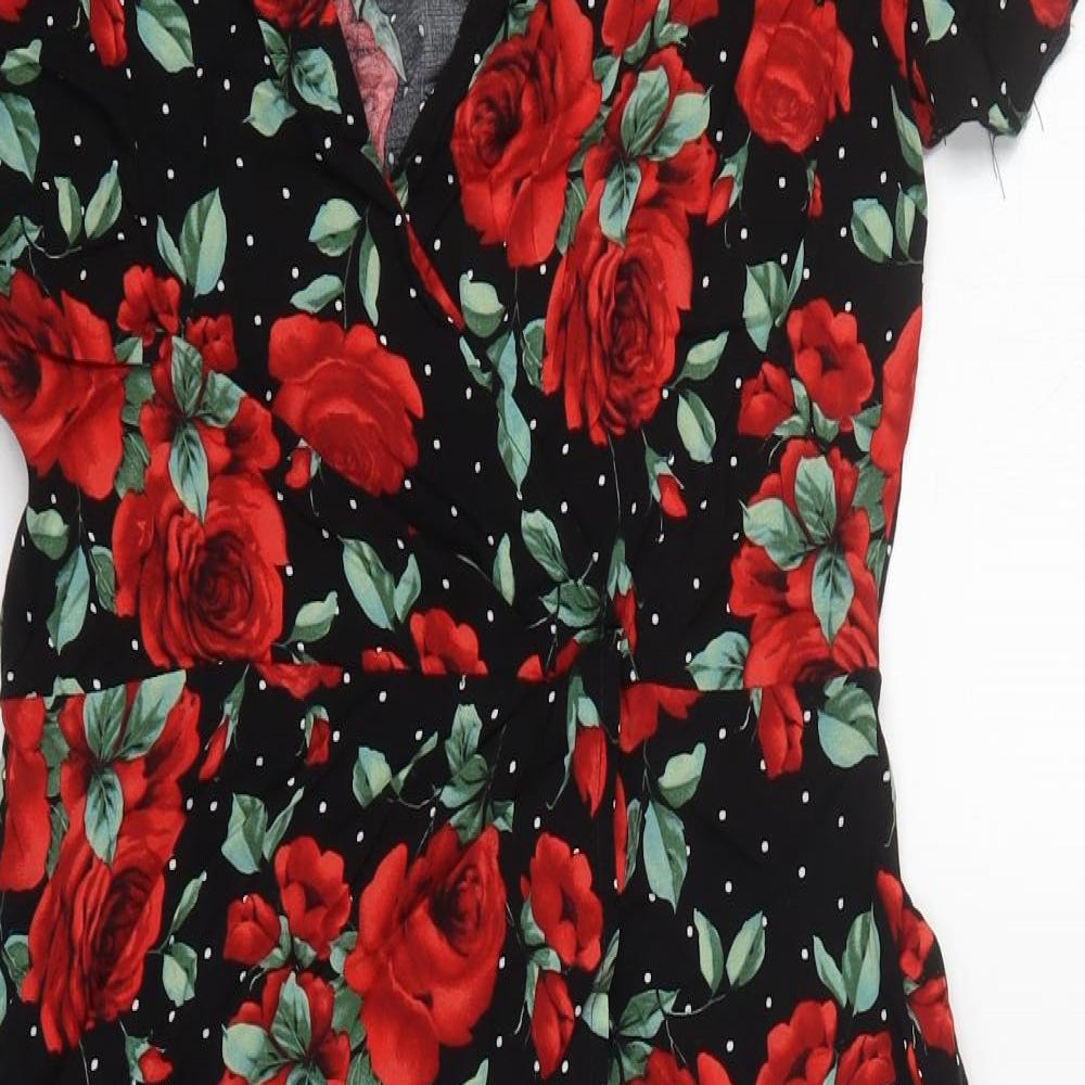 Atmosphere Womens Black Floral Viscose A-Line  Size 12  V-Neck Pullover - Red Roses