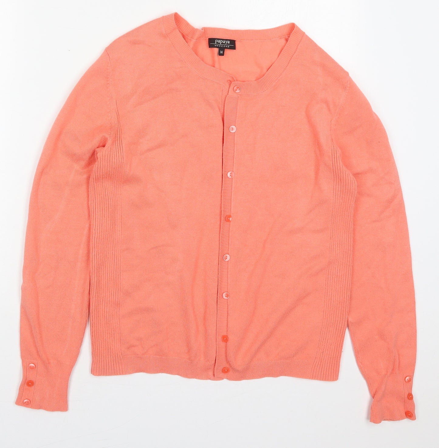 Papaya Womens Orange Round Neck  Viscose Cardigan Jumper Size 14   - Coral Coloured