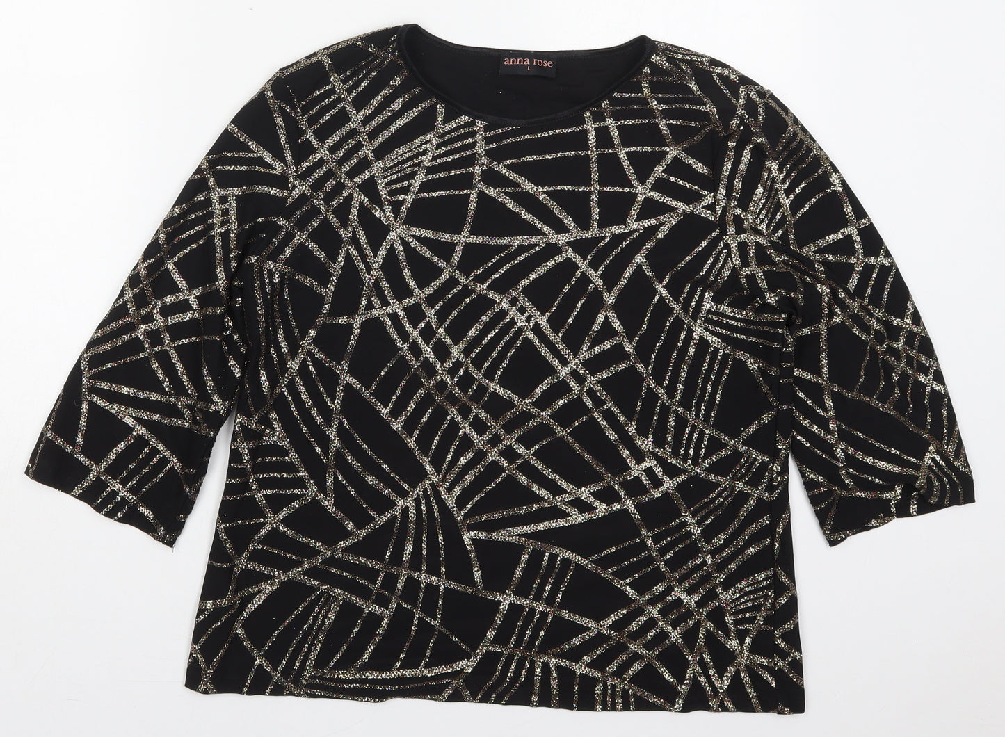 Anna Rose Womens Black Geometric Polyester Basic T-Shirt Size L Round Neck - Abstract