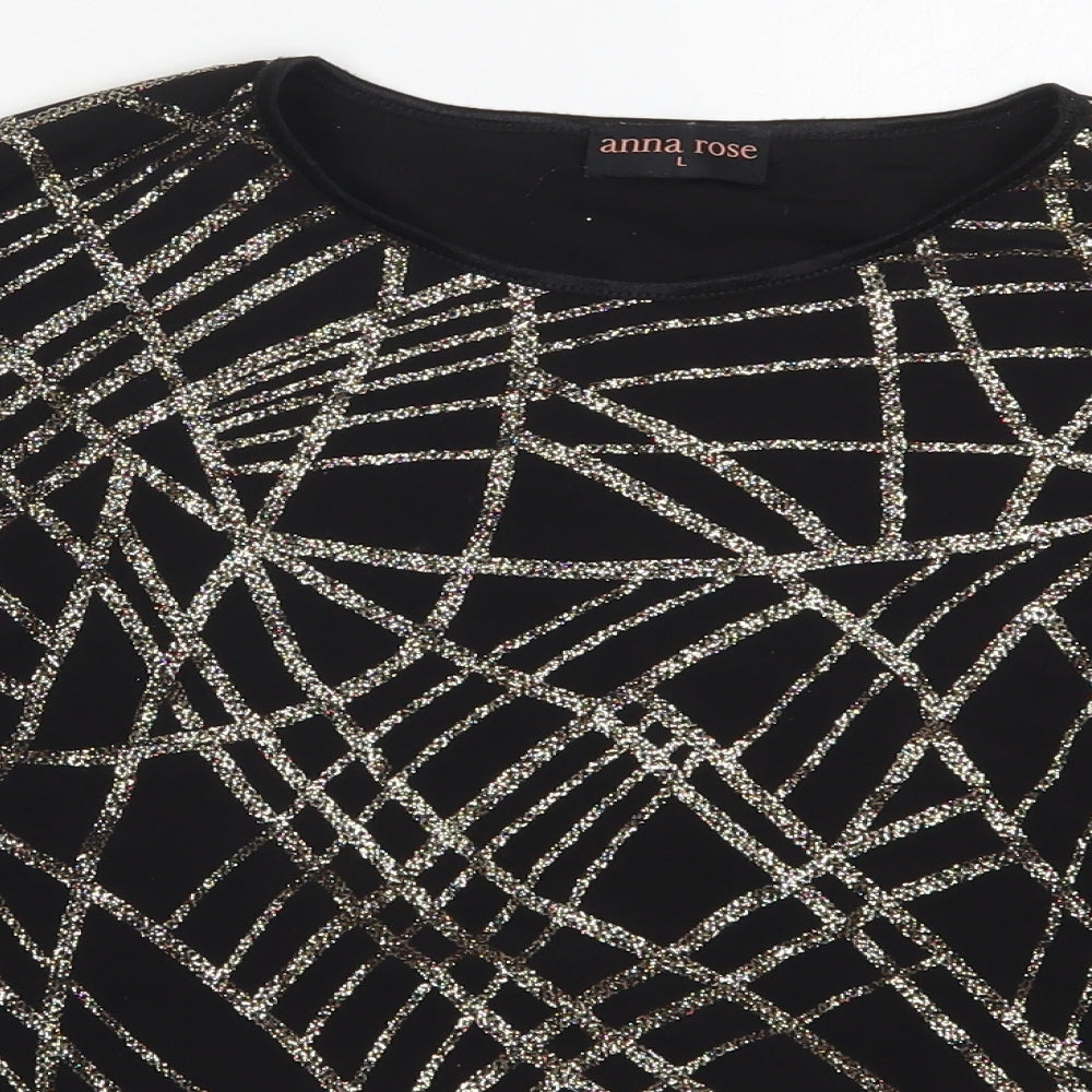Anna Rose Womens Black Geometric Polyester Basic T-Shirt Size L Round Neck - Abstract