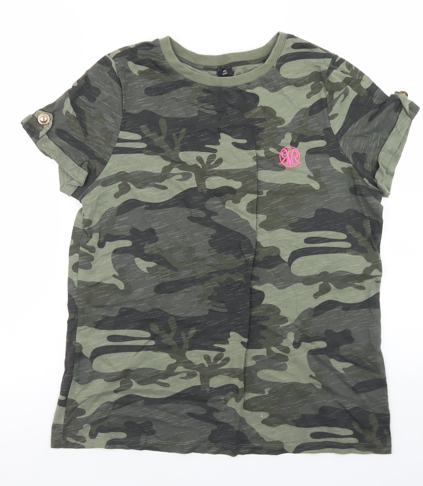 River Island Womens Green Camouflage Cotton Basic T-Shirt Size 10 Round Neck