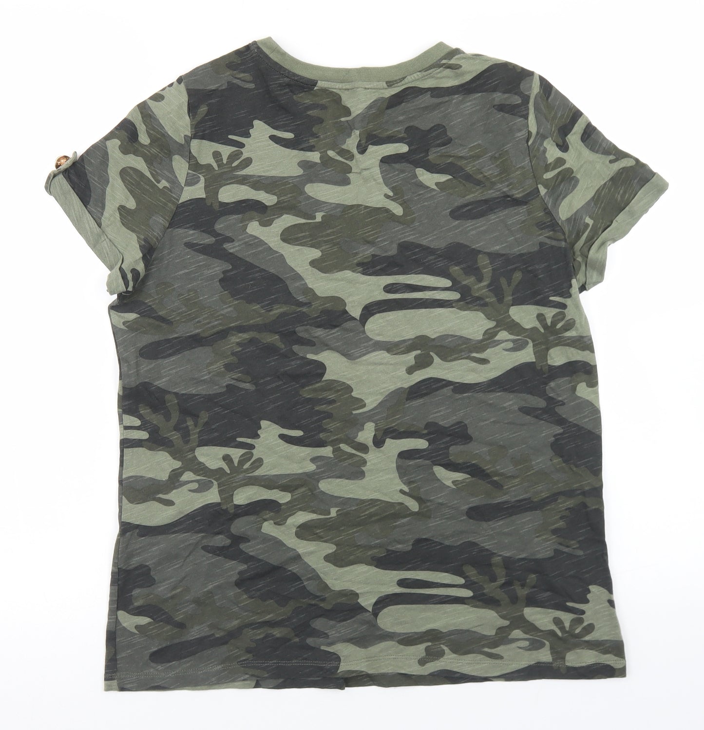 River Island Womens Green Camouflage Cotton Basic T-Shirt Size 10 Round Neck