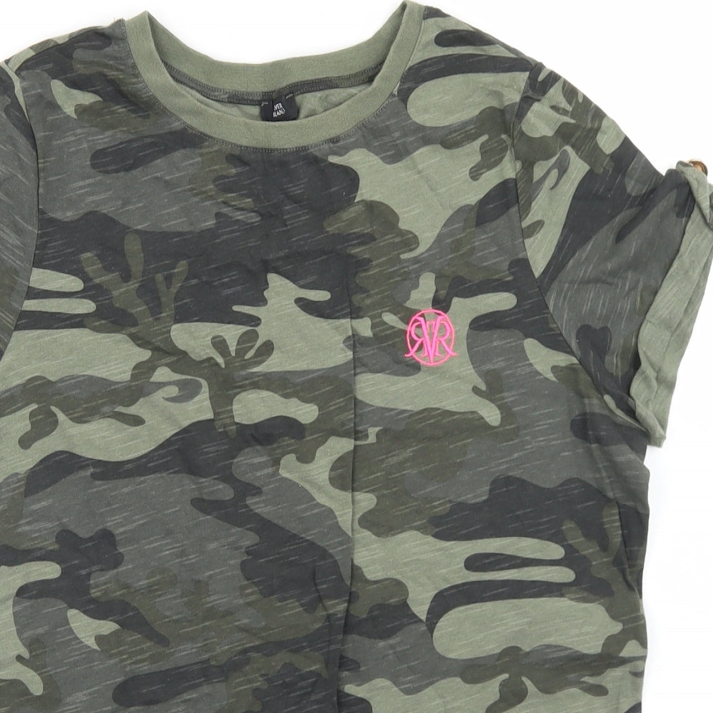 River Island Womens Green Camouflage Cotton Basic T-Shirt Size 10 Round Neck