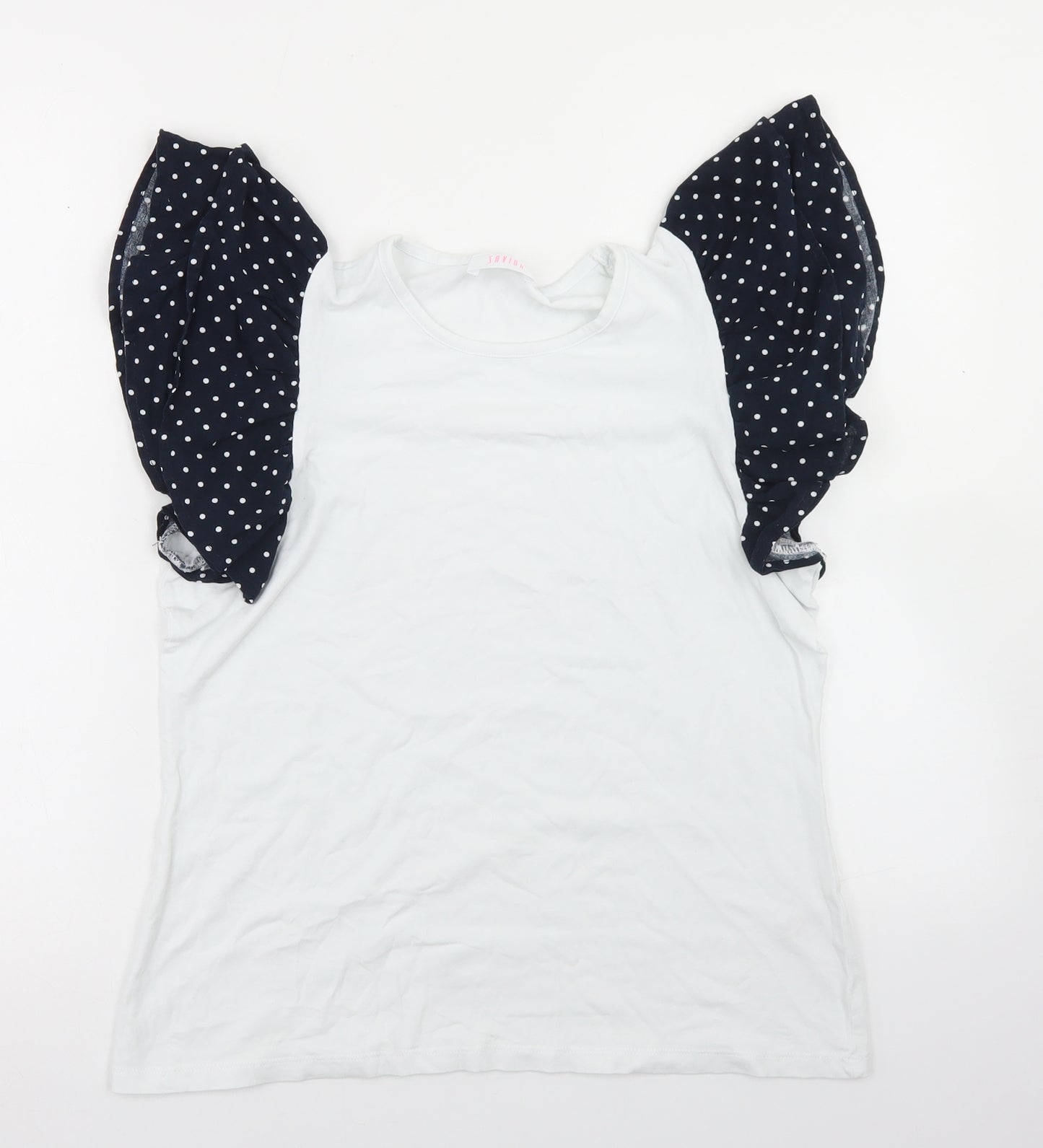 Savida Womens White Polka Dot Cotton Basic T-Shirt Size M Round Neck