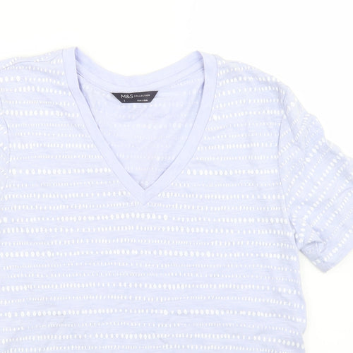Marks and Spencer Womens Purple Polka Dot Cotton Basic T-Shirt Size 6 V-Neck