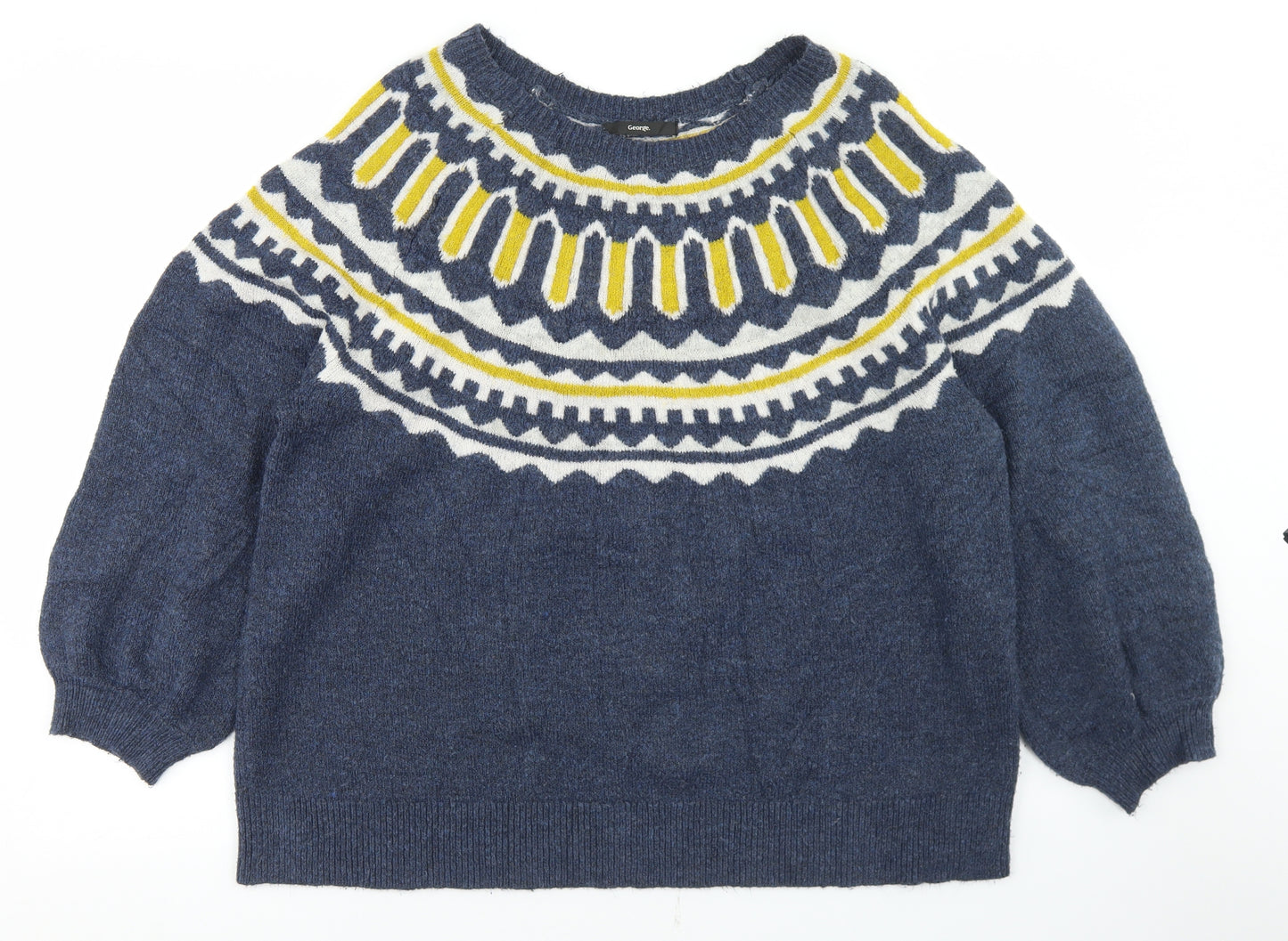 George Womens Blue Round Neck Fair Isle Acrylic Pullover Jumper Size L