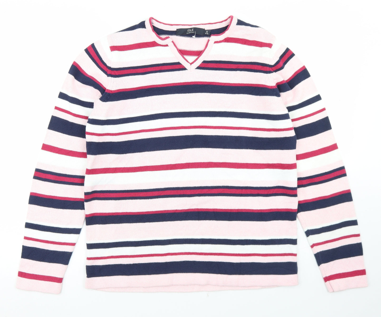 Isle Essentials  Womens Pink V-Neck Striped Cotton Pullover Jumper Size M