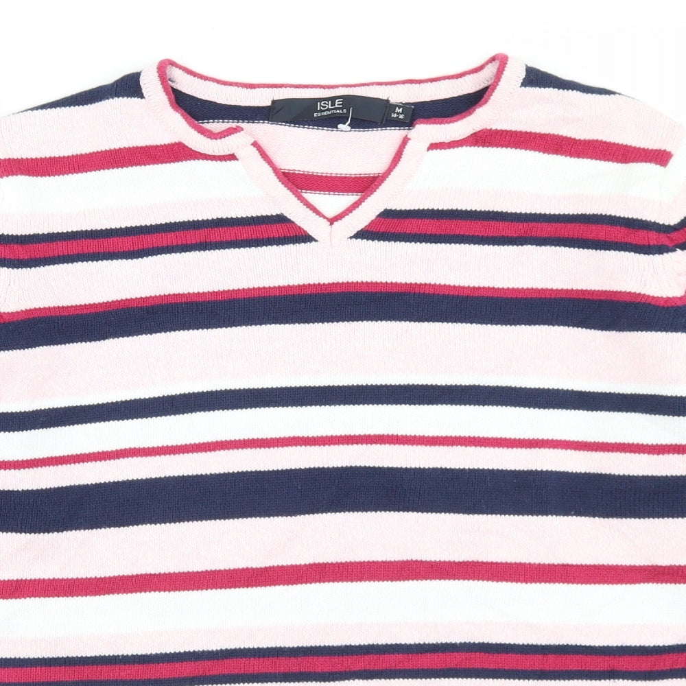 Isle Essentials  Womens Pink V-Neck Striped Cotton Pullover Jumper Size M