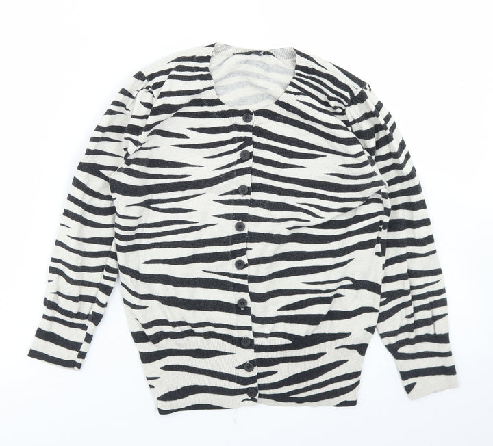 Dorothy Perkins Womens Beige Round Neck Animal Print Cotton Cardigan Jumper Size 8