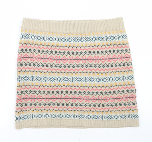 Front view of Atmosphere women’s beige fair isle acrylic a-line skirt, size UK 12