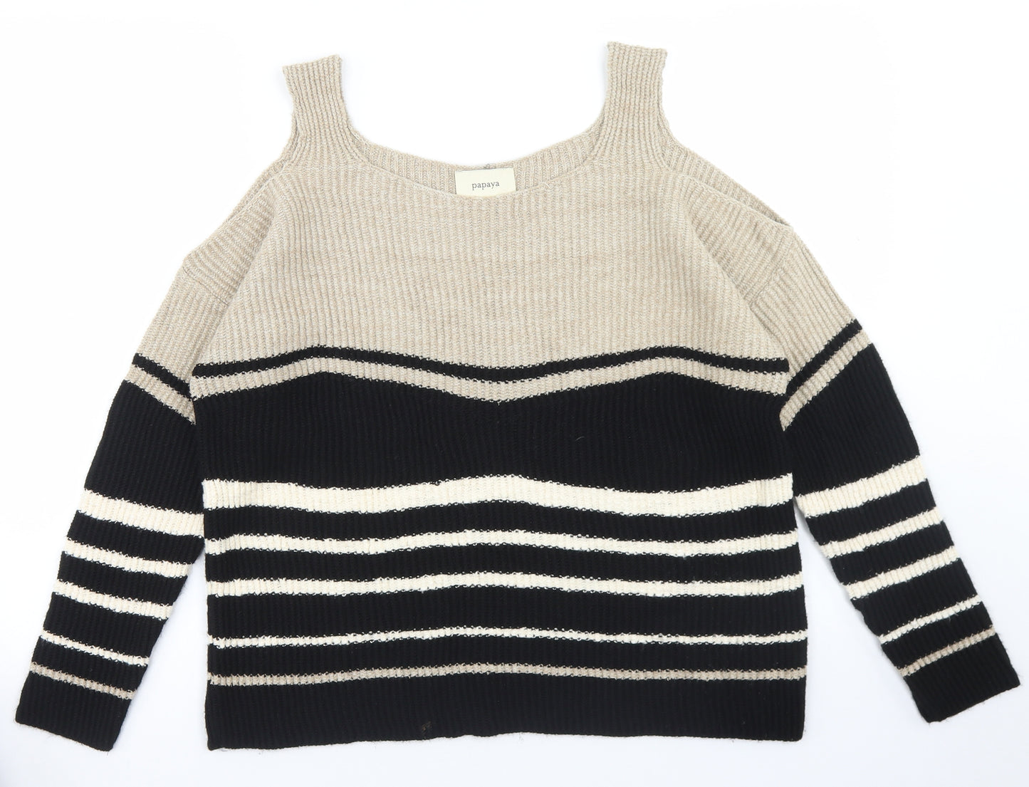 Papaya Womens Beige Round Neck Striped Acrylic Pullover Jumper Size M   - Cold Shoulder