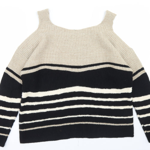 Papaya Womens Beige Round Neck Striped Acrylic Pullover Jumper Size M   - Cold Shoulder