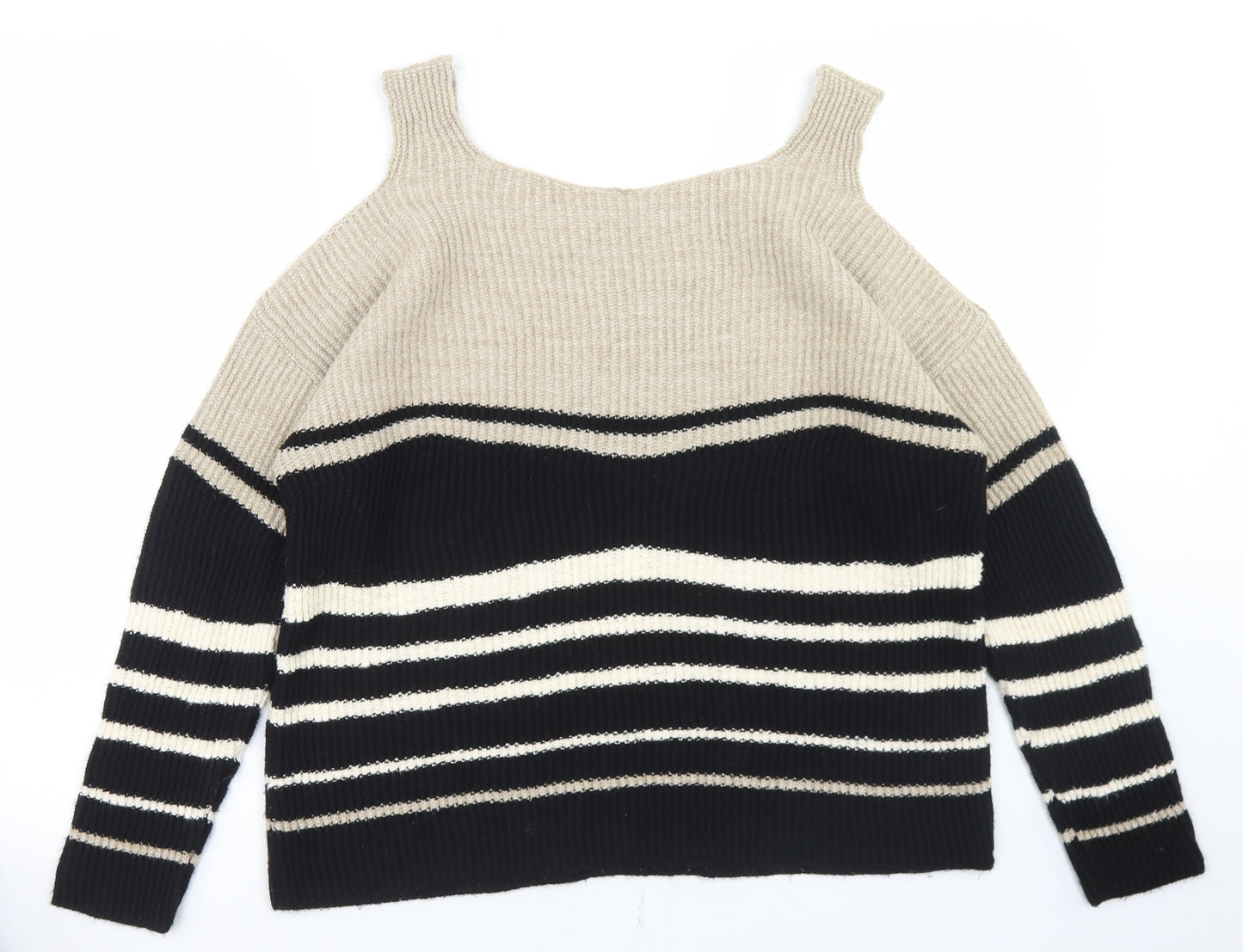 Papaya Womens Beige Round Neck Striped Acrylic Pullover Jumper Size M   - Cold Shoulder