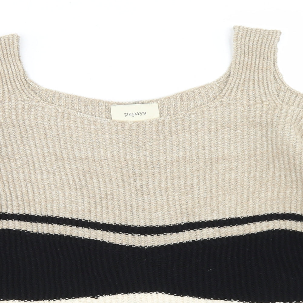 Papaya Womens Beige Round Neck Striped Acrylic Pullover Jumper Size M   - Cold Shoulder