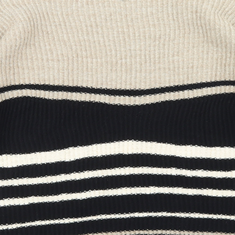 Papaya Womens Beige Round Neck Striped Acrylic Pullover Jumper Size M   - Cold Shoulder