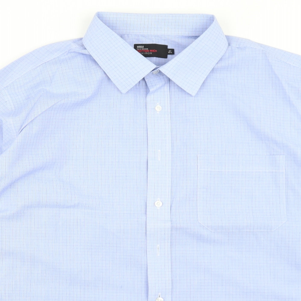 Marks and Spencer Mens Blue Plaid Polyester  Dress Shirt Size 18.5 Collared Button