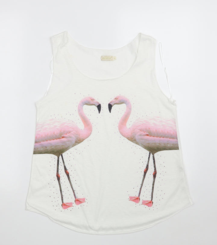 QED London Womens White Animal Print Polyester Basic Blouse Size M Round Neck - Flamingo