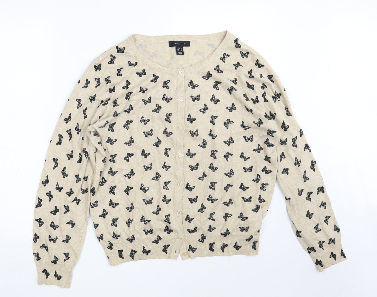 Atmosphere Womens Beige Round Neck Animal Print 100% Cotton Cardigan Jumper Size 16   - Butterfly