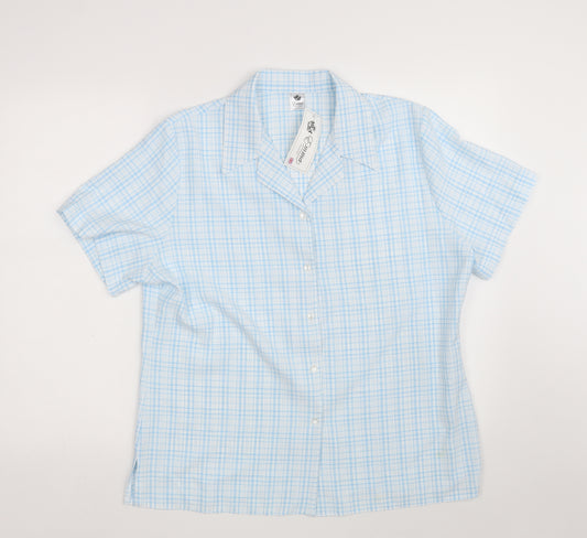Front view of Emma Collection women’s blue check polyester basic button-up, size UK 18, collared