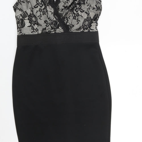 AX Paris Womens Black Floral Polyester Bodycon  Size 10  V-Neck Zip