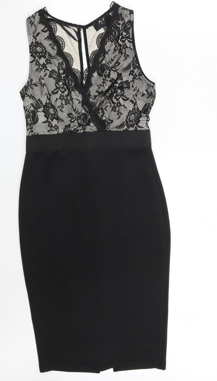 AX Paris Womens Black Floral Polyester Bodycon Size 10 V-Neck Zip