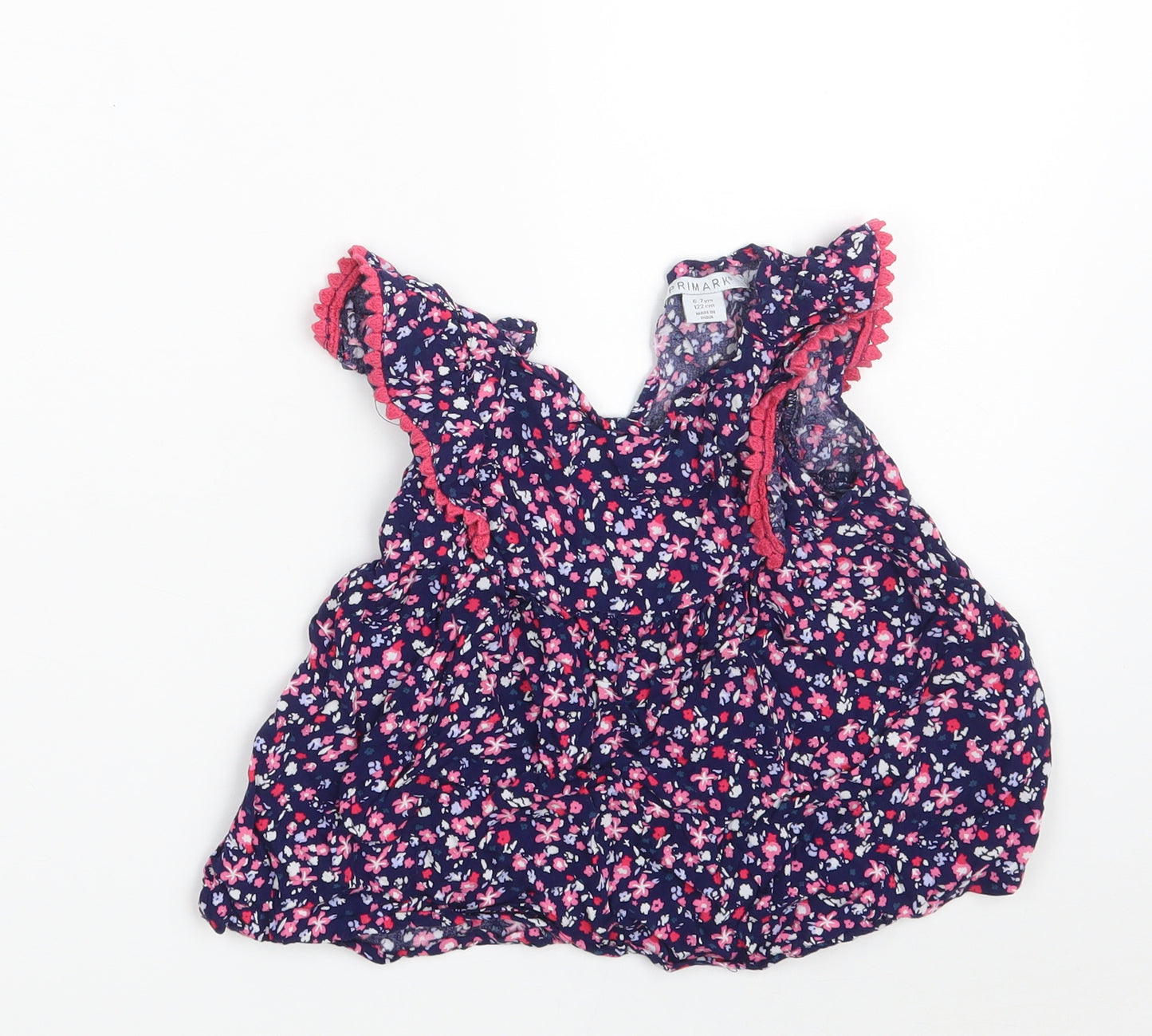 Primark Girls Blue Floral Viscose A-Line  Size 6-7 Years  V-Neck Button