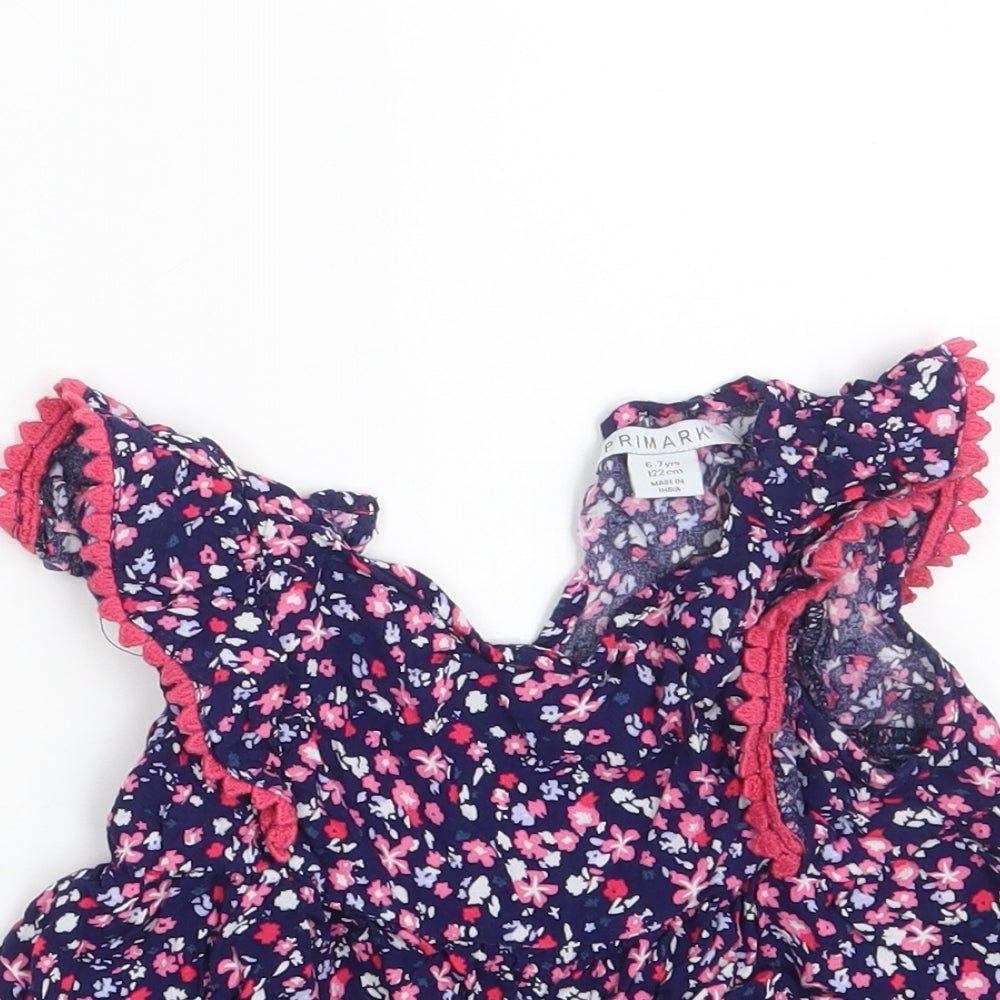 Primark Girls Blue Floral Viscose A-Line  Size 6-7 Years  V-Neck Button