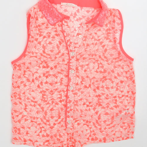 BHS Girls Pink Geometric Polyester Basic Button-Up Size 10-11 Years Collared Button
