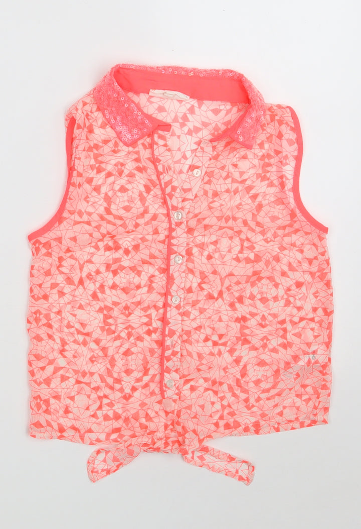 BHS Girls Pink Geometric Polyester Basic Button-Up Size 10-11 Years Collared Button