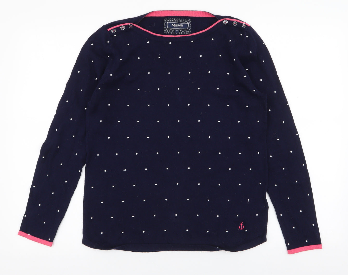 Maine Womens Blue Round Neck Polka Dot 100% Cotton Pullover Jumper Size 12