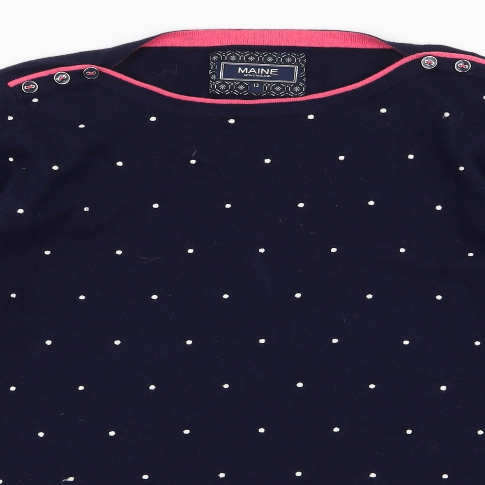 Maine Womens Blue Round Neck Polka Dot 100% Cotton Pullover Jumper Size 12