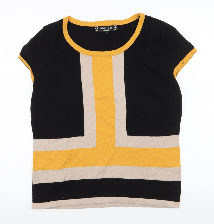 Principles Womens Black Striped Polyester Basic T-Shirt Size 14 Round Neck