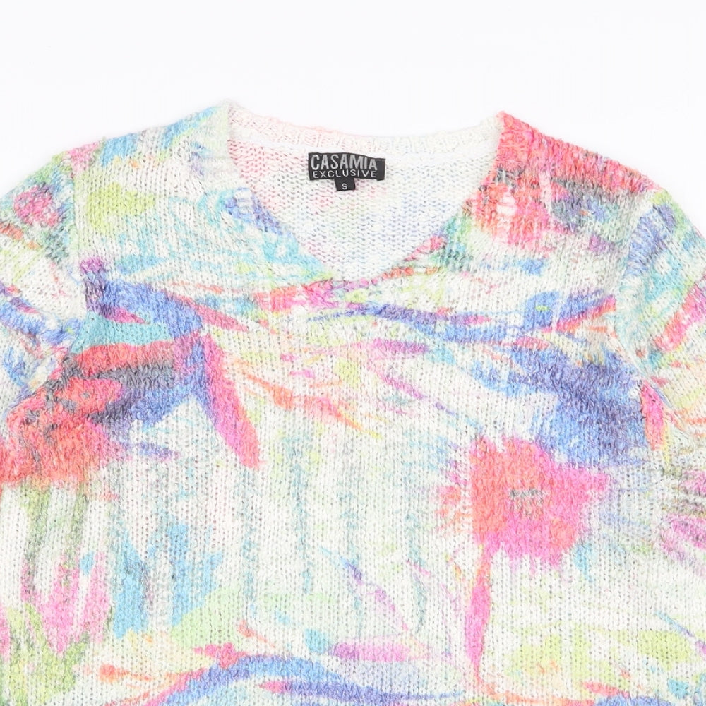 Casamia Womens Multicoloured V-Neck Floral Acrylic Pullover Jumper Size S