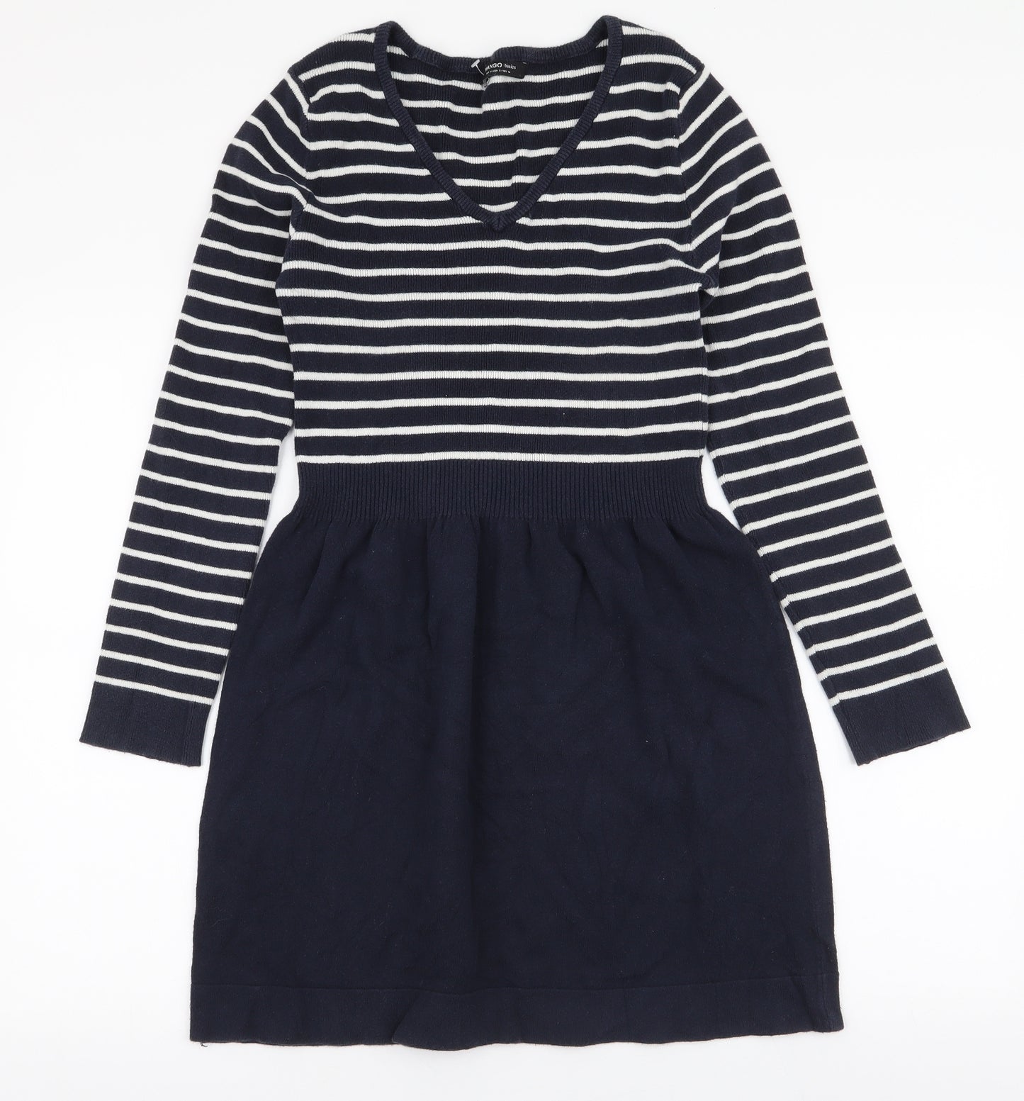 Mango Womens Blue Striped Polyester Skater Dress  Size M  V-Neck Pullover