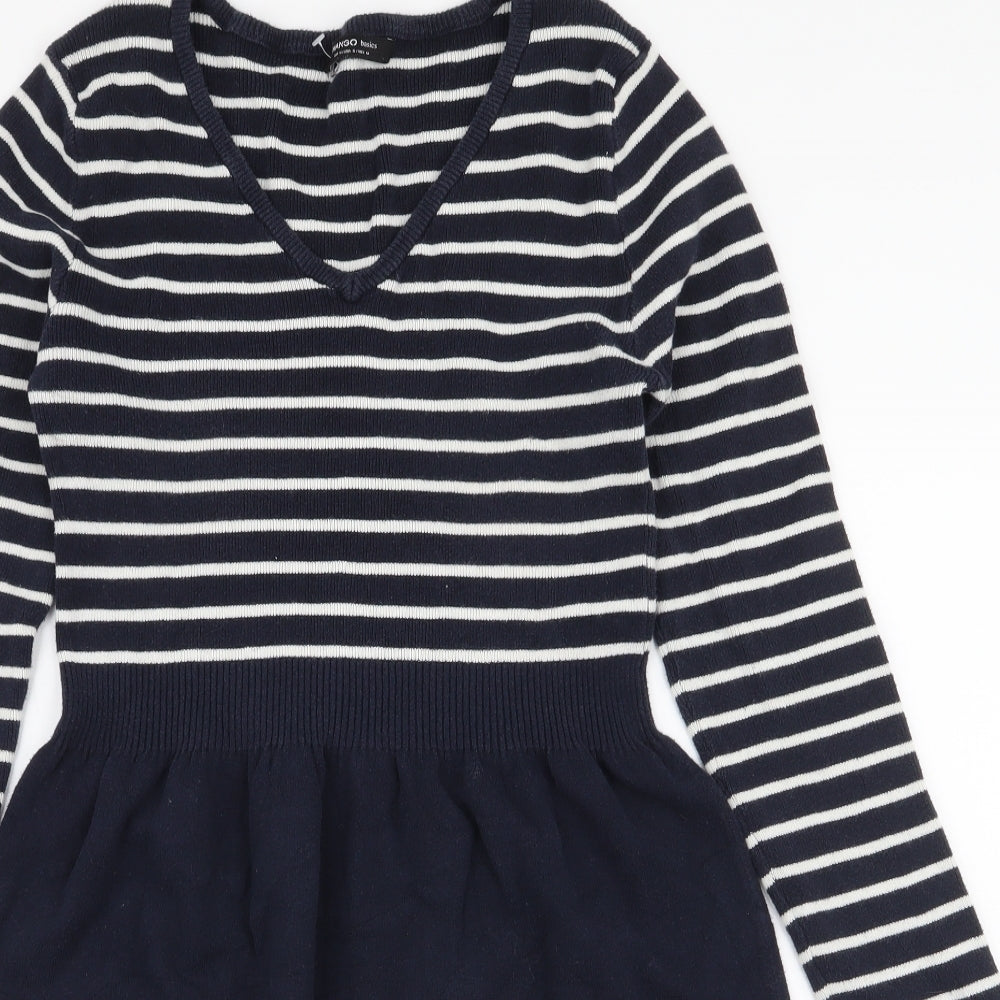 Mango Womens Blue Striped Polyester Skater Dress  Size M  V-Neck Pullover