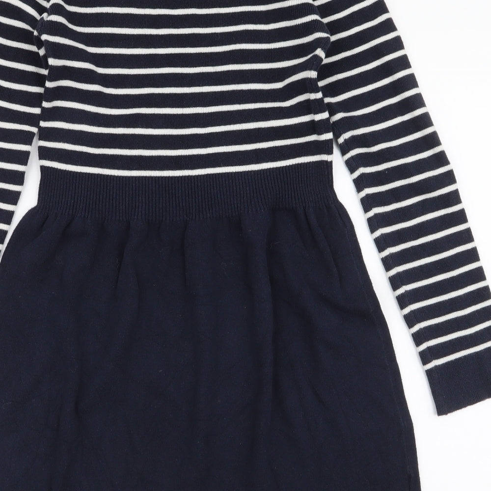 Mango Womens Blue Striped Polyester Skater Dress  Size M  V-Neck Pullover