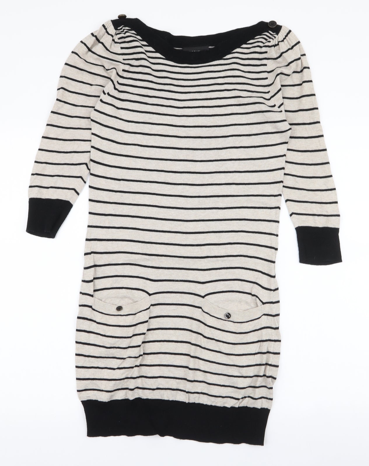 Warehouse Womens Beige Striped 100% Cotton Jumper Dress  Size 10  Boat Neck Pullover