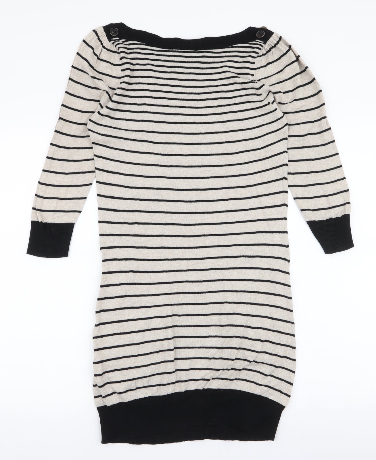 Warehouse Womens Beige Striped 100% Cotton Jumper Dress  Size 10  Boat Neck Pullover