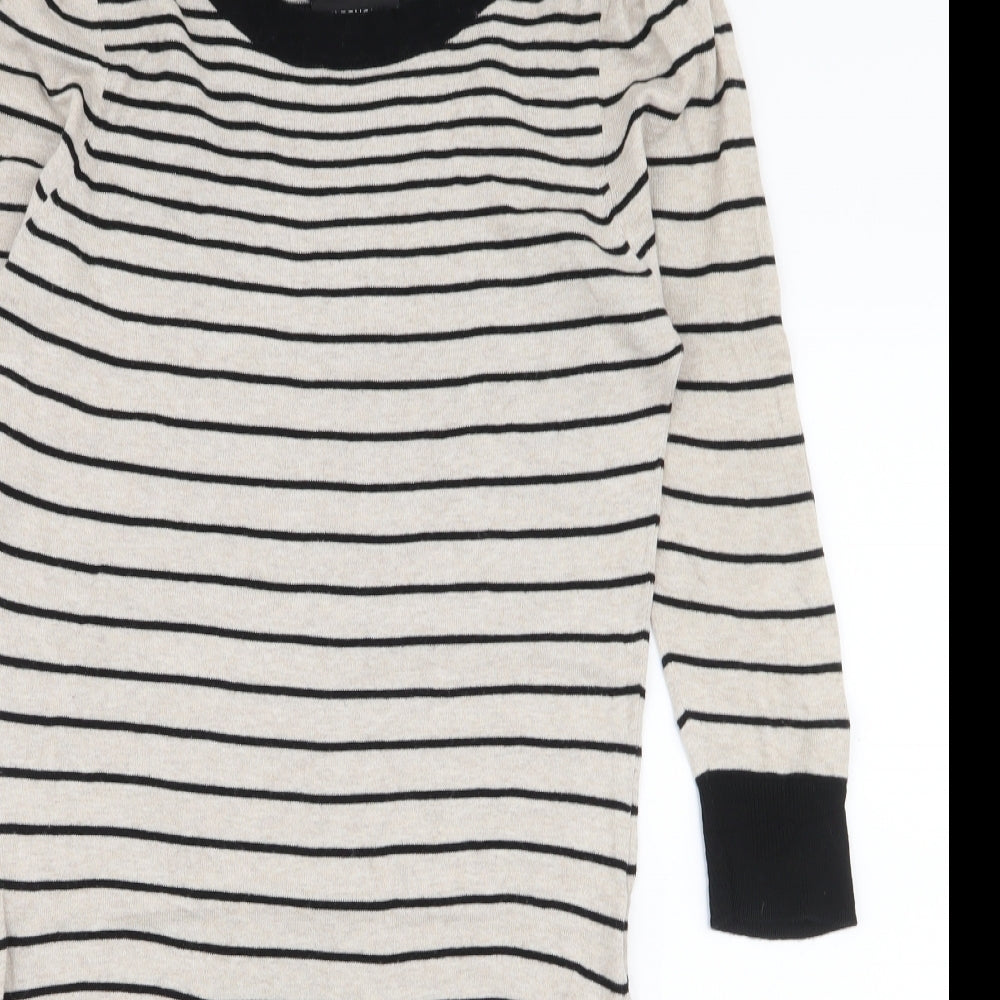 Warehouse Womens Beige Striped 100% Cotton Jumper Dress  Size 10  Boat Neck Pullover