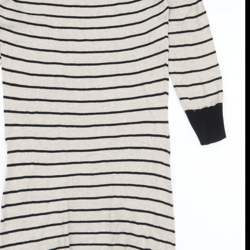 Warehouse Womens Beige Striped 100% Cotton Jumper Dress  Size 10  Boat Neck Pullover