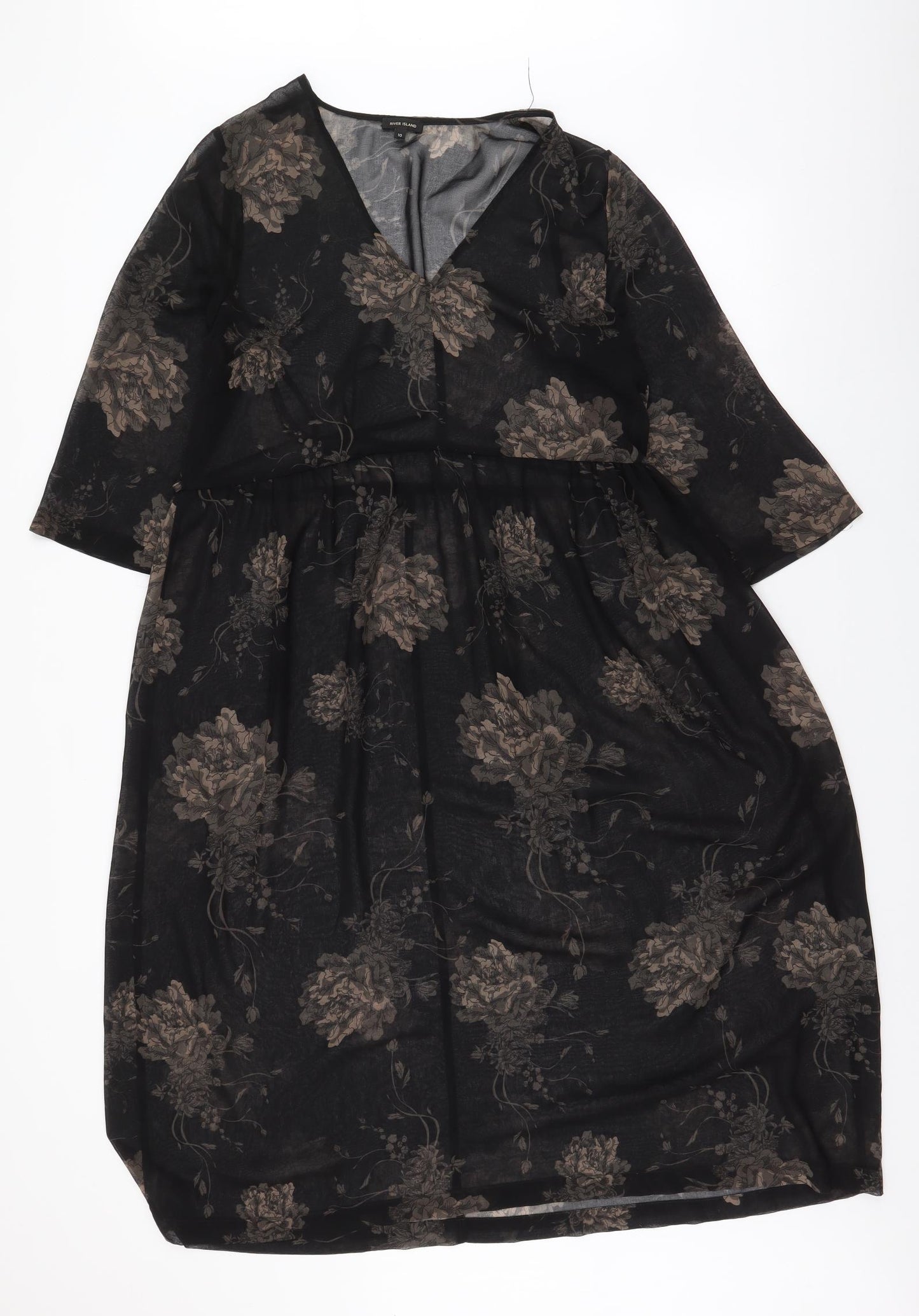 River Island Womens Black Floral Polyester Skater Dress  Size 10  V-Neck Pullover