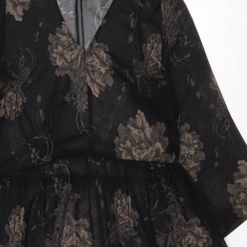 River Island Womens Black Floral Polyester Skater Dress  Size 10  V-Neck Pullover