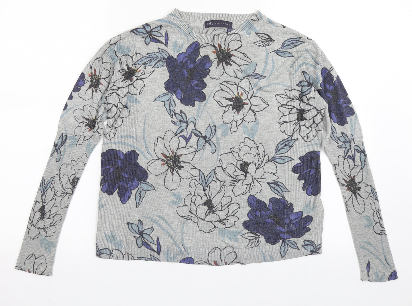 Marks and Spencer Womens Grey Round Neck Floral Acrylic Pullover Jumper Size 8