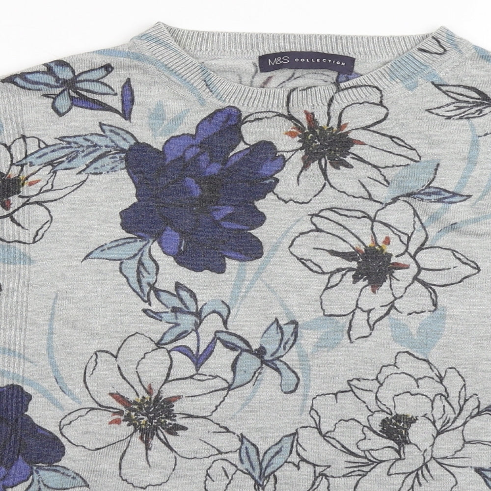 Marks and Spencer Womens Grey Round Neck Floral Acrylic Pullover Jumper Size 8