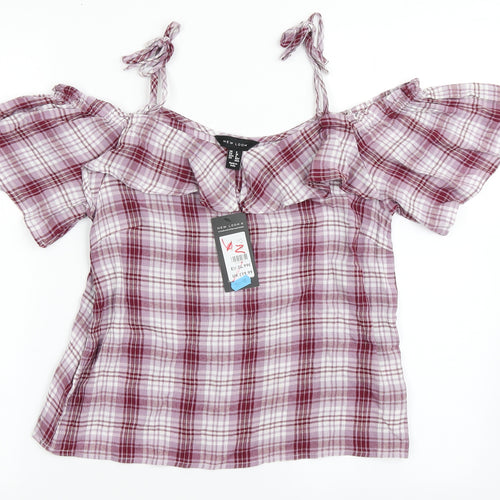 New Look Womens Purple Check Viscose Basic Blouse Size 8 Off the Shoulder