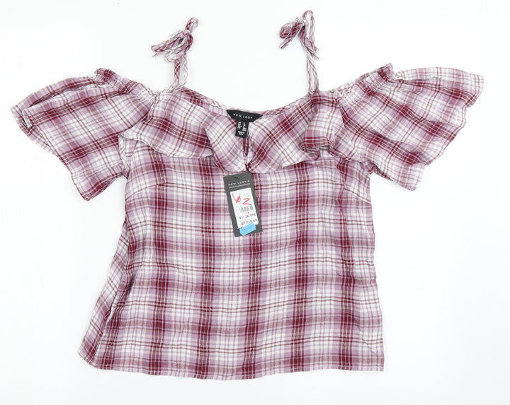 New Look Womens Purple Check Viscose Basic Blouse Size 8 Off the Shoulder
