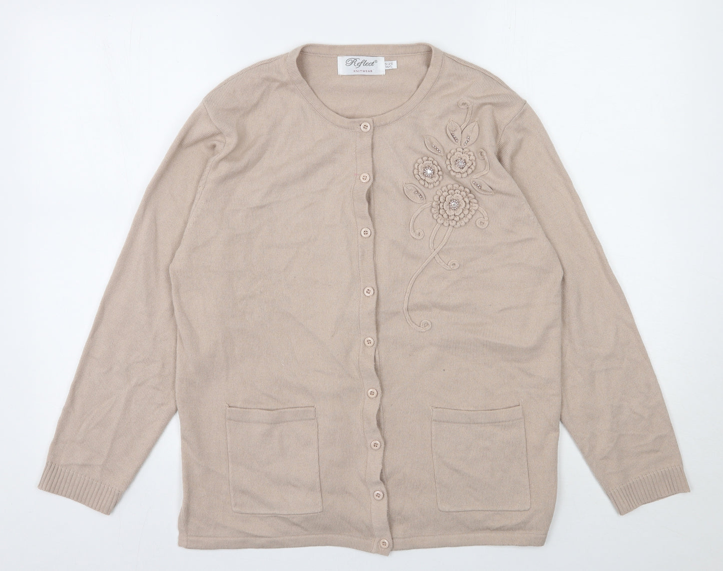 Reflect Womens Beige Round Neck  Acrylic Cardigan Jumper Size M