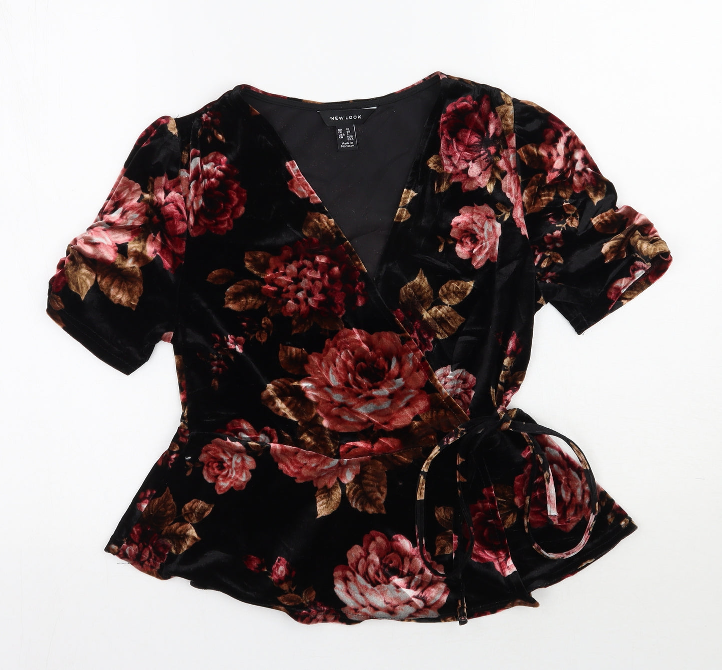 New Look Womens Black Floral Polyester Wrap Blouse Size 10 V-Neck