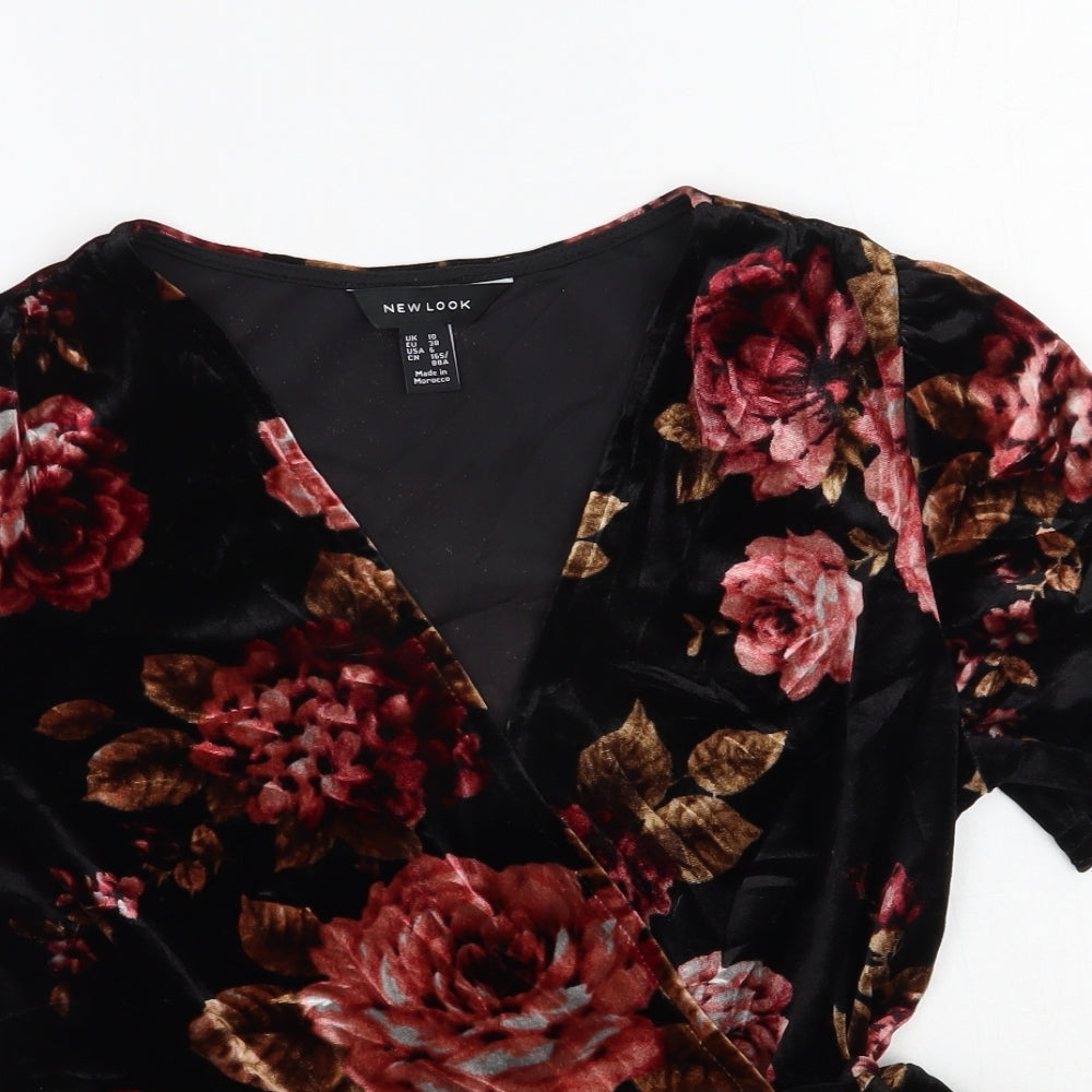 New Look Womens Black Floral Polyester Wrap Blouse Size 10 V-Neck