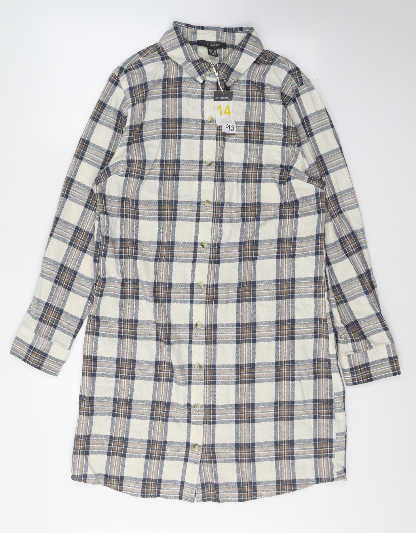 Primark Womens Beige Plaid Cotton Shirt Dress  Size 14  Collared Button
